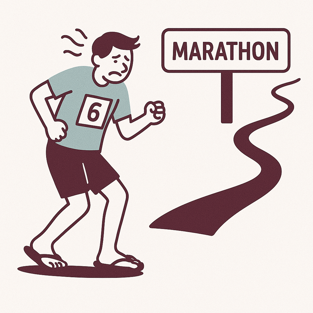 Illustration of a person struggling to run a marathon in flip-flops, symbolizing inefficient systems.