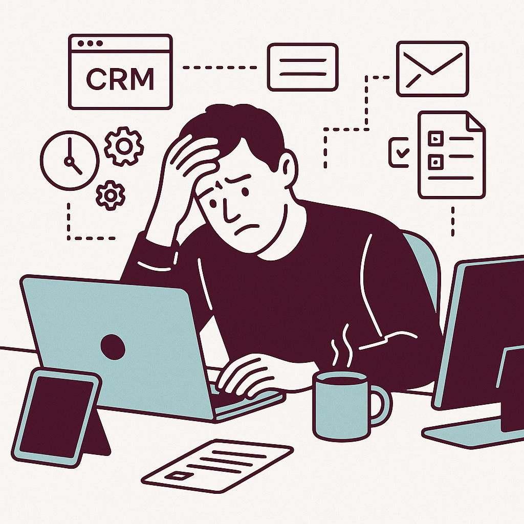 Frustrated business owner surrounded by disconnected tools, representing CRM chaos.